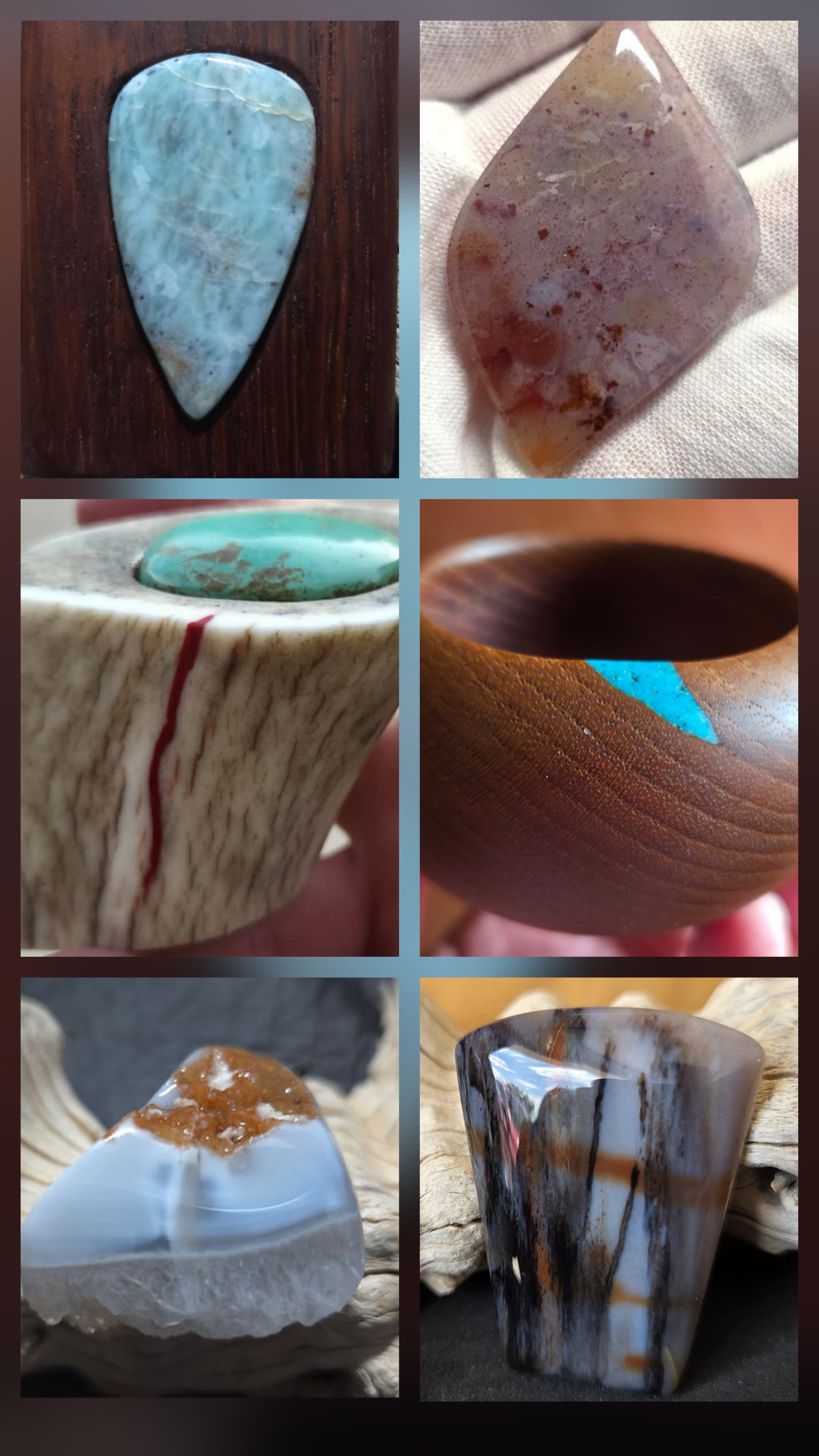 Collage of polished stones, natural materials, agates, gemstones, and turquoise inlays in wood and bone